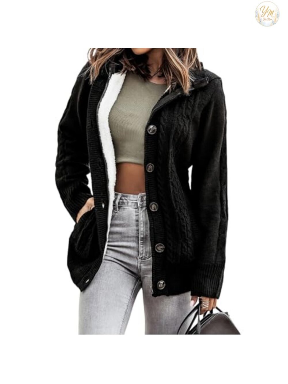 Women's Hooded Fleece Lined Cardigan Sweater with Pockets, Long Sleeve, Button